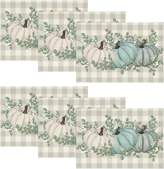Artoid Mode Buffalo Plaid Eucalyptus Pumpkins Leaves Fall Placemats Set of 6, 12x18 Inch Seasonal Autumn Table Mats for Party Kitchen Dining Decoration