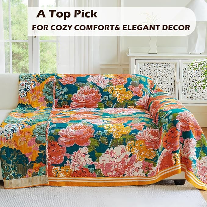 Boho Throw Blanket, 100% Organic Cotton Breathable Ultra Soft Bed Quilt Throw - All Season Floral Bird Butterfly Farmhouse Decor Blanket for Sofa Couch Chair and Gift. 80" x 90"