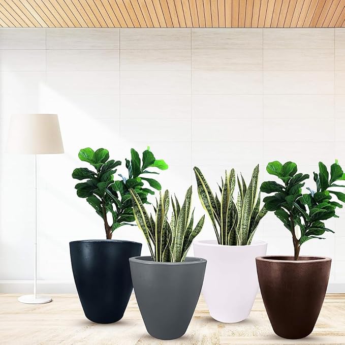 Elly Décor 17 inch Planter for Garden with Drainage, Large Round, Lightweight & Extremely Durable, Deck Indoor/Outdoor Plastic Pot, 17"x15"x9", Light Grey