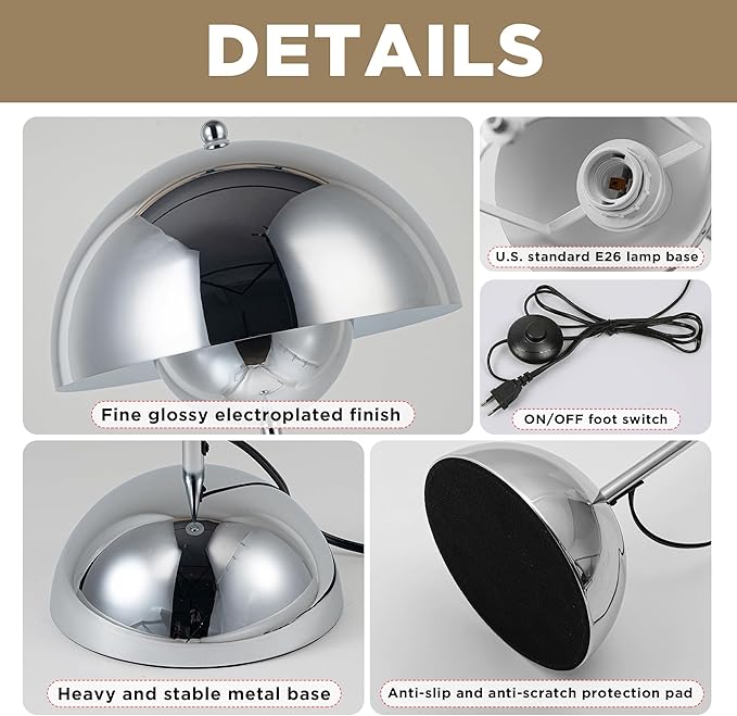 COSYLUX Modern Floor Lamp for Living Room, Industrial Tall Standing Lamp for Bedroom, Metal Shade Reflecting Light Reading Floor Lamp for Office, Nursery Room, Corner(Chrome)