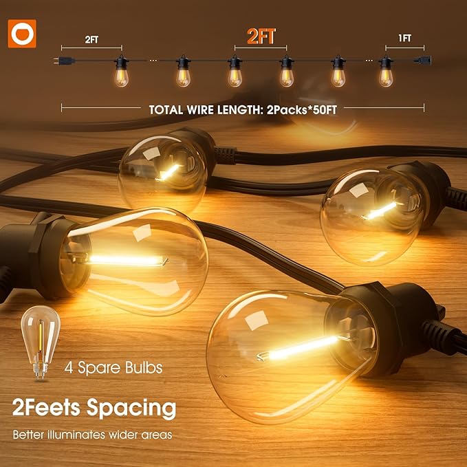 addlon 100FT Outdoor String Lights LED Waterproof Patio Lights with 54 Edison Dimmable Bulbs Shatterproof Hanging Lights for Outside Cafe Bistro Garden Balcony Porch Yard Gazebo Deck 2Packs*50FT