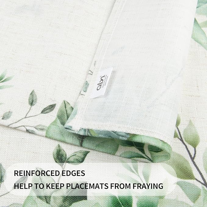 QIYI Boho Placemats Set of 4, 12x18 Inch Linen Fabric Place Mats for Kitchen Dinning, Farmhouse Rustic Cloth Table Mats, Washable Placemat Watercolor Foliage Party Table Décor, Green Leaves Border