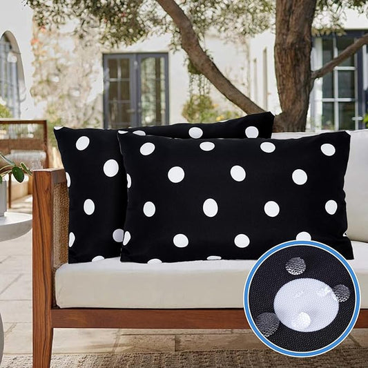 Eternal Beauty Set of 2 Outdoor Decorative Pillow Covers Waterproof Outdoor Pillow Covers for Spring Summer Patio Lumbar Pillows, Black Polka Dot, 12X20 inches