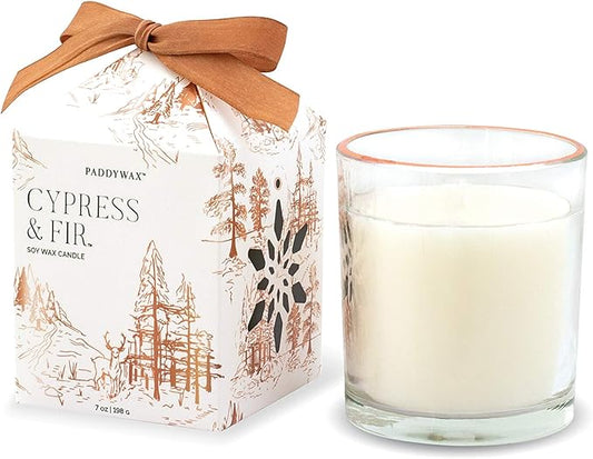 Paddywax Cypress & Fir Holiday Artisan Hand-Poured Scented Candle, 7-Ounce, White