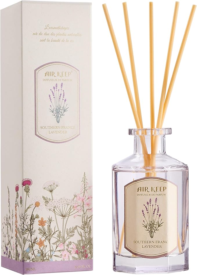 Airkeep Reed Diffuser Set-6.09 oz (180ml) Lavender Southern France Scented Diffuser with 8 Reed Sticks Home Fragrance Oil Diffuser for Bathroom Shelf Decor
