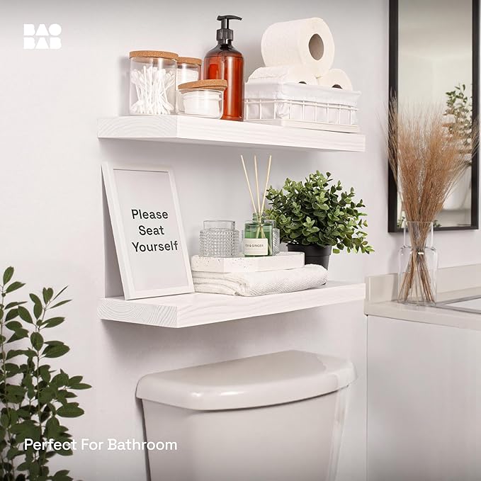 BAOBAB WORKSHOP Wood Floating Shelves for Bathroom Wall - White Shelves for Bedroom Kitchen Living Room - Solid Wood Shelves - White - 24 x 6.7 Inch, Set of 2