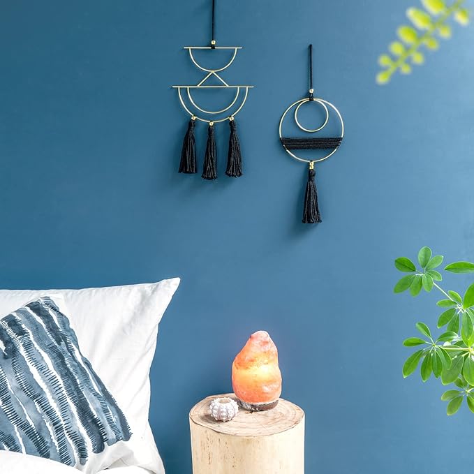 Mkono 2 Pcs Small Macrame Wall Hanging Boho Decor Cute Home Art Ornament with Gold Metal Ring for Bedroom Living Room Nursery Bathroom, 12.6''H x 7.6''W and 11.5''H x 5.9''W, X-Small