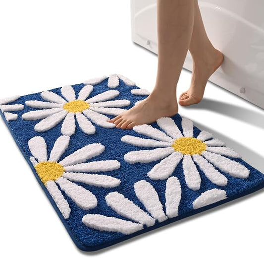 QJHOMO Navy Blue Bathroom Rugs Cute Daisy Bath Mat White and Yellow Flower Decor Rug Non Slip Floor Carpet Microfiber Bathmat Super Absorbent Machine Washable Bathtub Mats for Shower (20x32 inch)