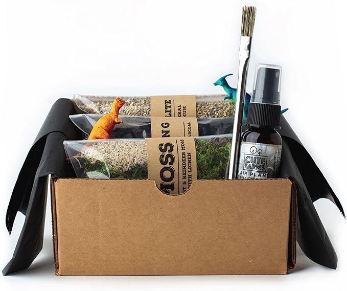 Cute Farms Terrarium Starter Kit | Moss, Vermiculite, Soil, Plant Food, Brush, Build and Care Guide | DIY Succulent Terrarium Kit for Adults and Kids