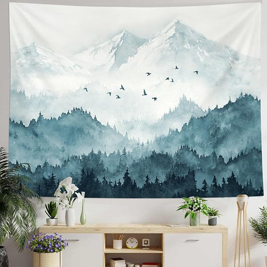 kampdream Mountain Forest Tapestry, Misty Foggy Teal Blue Tree Landscape Watercolor Art Wall Tapestries, Nature Scenery Tapestry for Bedroom Living Room Backdrop 36×48 inch
