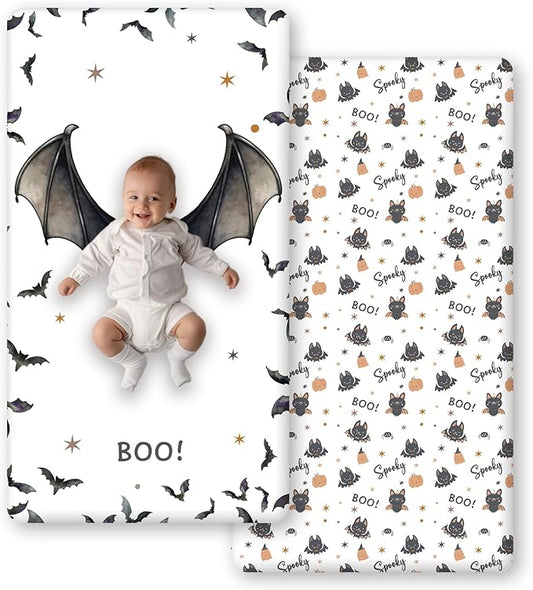 Horaldaily 2 Pack Fitted Crib Sheet for Boys Girls,Soft Breathable Washable Jersey Microfiber Baby Crib Sheet, Fits Standard Size Crib Mattress 28in x 52in, Bats Pumpkin Nursery Sheet Sage Black/White