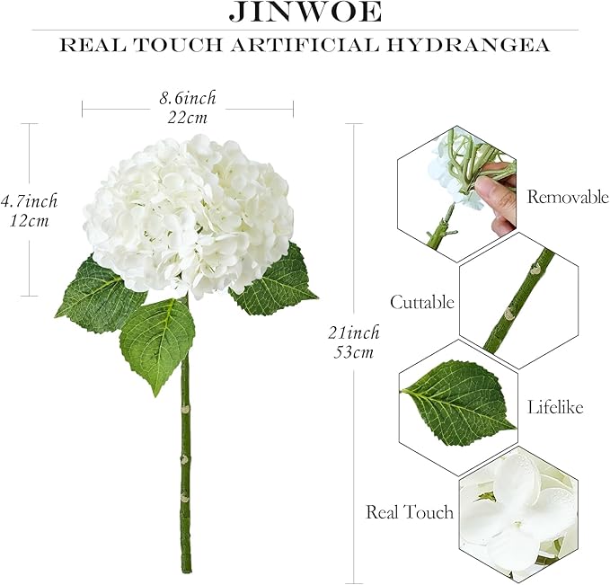White Flowers Hydrangea Artificial Flowers, 4Pcs Outdoor Large 21” Royal Real Touch Latex Silk Flowers Faux Hydrangea, Lifelike Fake Flower for Spring Wedding Bouquet Table Centerpieces