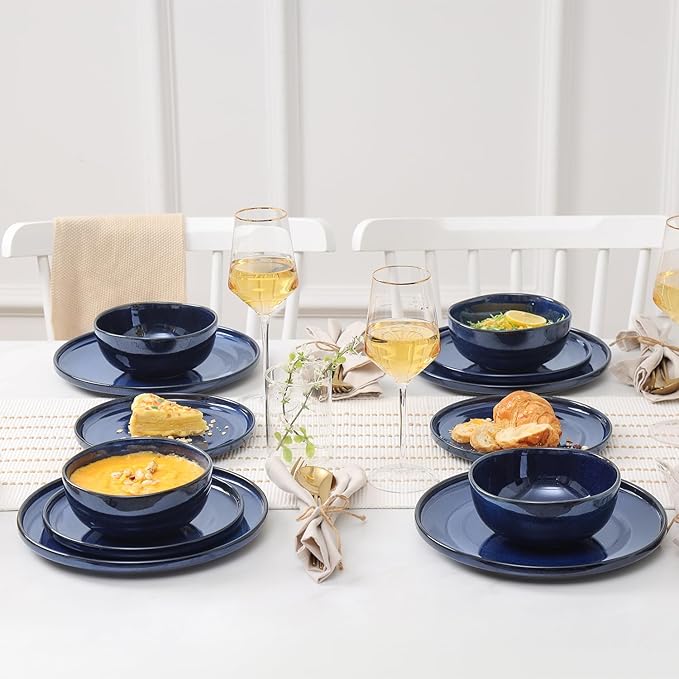 Vicrays Ceramic 12 Pieces Dinnerware Set - Dinner Plates Salad Plates Cereal Bowls Set Service for 4 - Scratch Resistant Microwave Oven Dishwasher Safe - Blue