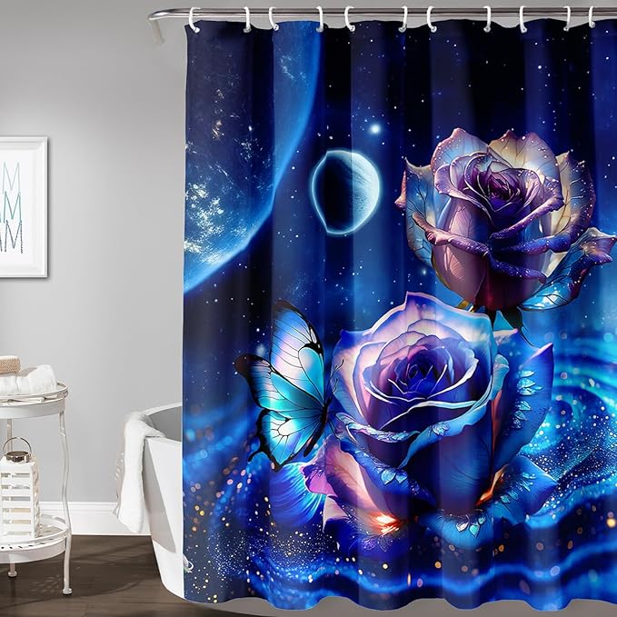 AILONEN Blue Rose Shower Curtain,Romantic Flower Bath Curtain for Girls Women,Blue Galaxy Starry Rose Floral Curtain for Bathroom Decor 72" W*78" H,Waterproof with 12 Plastic Hooks