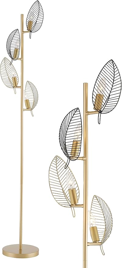 WOXXX Industrial Gold Floor Lamp with 4 Brush Black Finish Leaf Shade, Modern Tree Floor Lamps for Living Room Bedrooms Reading Standing Lamp Living Room Lamps Farmhouse Tall Lamp (4 Bulbs Included)