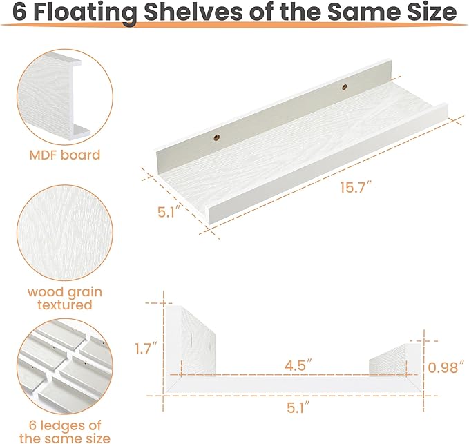 upsimples Floating Shelves for Wall, Wall Shelves for Decor Storage Set of 6, Wall Mounted Wood Shelves for Bedroom, Living Room, Bathroom, Kitchen, Picture Ledge Shelves, White