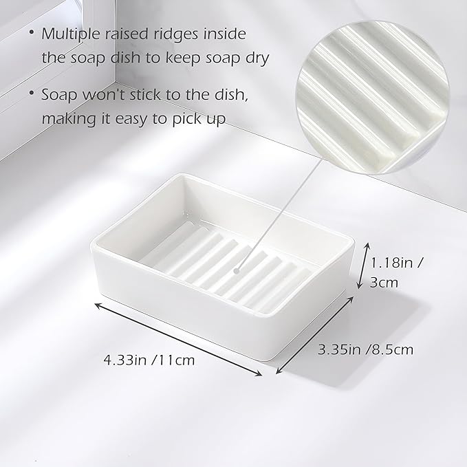 White Ceramic Soap Dish for Shower, Minimalist Soap Dish for Bathroom Sink and Bathtub, Non-Slip Soap Holder with Drainage, Classic Modern Style Soap Bar Tray Adds Beauty to Bathroom