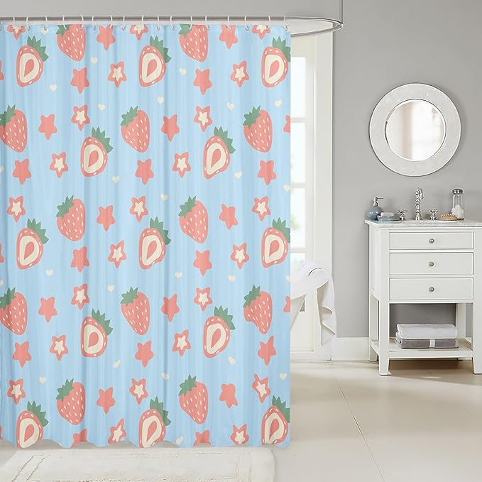 Feelyou Blue Strawberry Bathroom Waterproof Accessories with 12 Hooks Kawaii Fruit Shower Curtain for Kids Boys Girls Cute Stars Strawberry Fabric Shower Curtain Kawaii Lovely Curtains,72x84 Inches