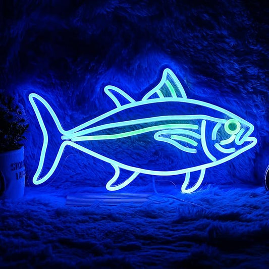 Tuna Neon Sign Blue Green Fish Neon Lights Signs for Wall Decor Dimmable Led Signs for Bedroom Living Room Restaurant Office Birthday Gifts(16.9’’X9.6’’）