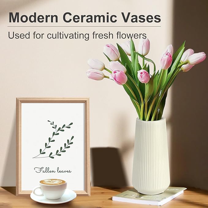 Beige Ceramic Vase, GUKJOB Cute Flower Vase for Pampas Grass, Home, Living Room, Dining Table, Farmhouse, Office Decor, Bedroom, Table, and Kitchen Shelf (XL Beige)