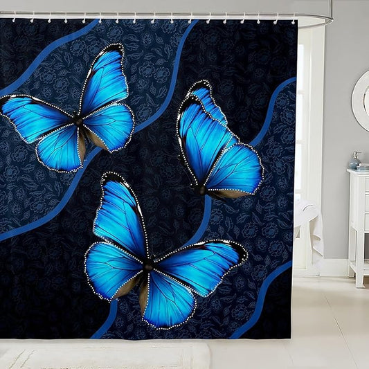 Feelyou Butterfly Shower Curtain 72"x78" Kids Butterflies Botanical Floral Print Bathroom Shower Curtain Set for Boys Girls Teens Geometric Stripes Bath Curtain Blue Bathroom Accessories