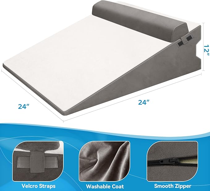 CloudBliss 12 inches Bed Wedge Pillow with Memory Foam for Sleeping After Gerd Acid Reflux, Surgery, Relief Back Pain, Adjustable and Breathable Pillow with Washable Cover for Surgery Recovery, Gray