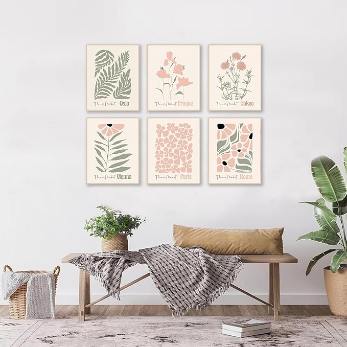 Flower Market Posters, Boho Botanical Floral Wall Art Prints Blush Pink and Sage Green Aesthetic Bedroom Decor Canvas Artwork Painting, Abstract Minimalist Wall Decor Pink Room Decor for Boho Room,
