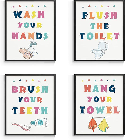 InSimSea Wall Art Prints Poster Funny Bathroom Signs Prints, Bathroom Quotes and Sayings Art Pictures Artwork, Kids Aesthetic Room Wall Decor, set of 4, 8x10 inch, Unframed