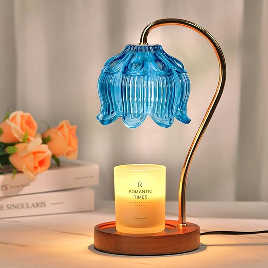 Flower Candle Warmer Lamp with Timer, Blue Candle Lamp Warmer, Birthday Gifts for Women, Mom, Female Friend, Dimmable Glass Lamp Candle Warmer Gifts, Aromatic Candle Wax Warmer for Vintage Home Decor