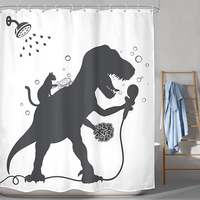 LGhtyro Kids Funny Dinosaur Shower Curtain Bathroom Set 60Wx71H Inches Boys Dino Cat Trex Raptor Animal Shadow Silhouette Bath Cartoon Bath Accessories Black White Art Home Decor Fabric 12 Pack Hooks