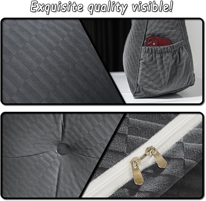 Gradient Velvet Triangular Wedge Pillow, Removable Cover Headboard Pillow for Daybed, Backrest Positioning Support Pillow Cushion Resting Reading Relaxing (Grey, Twin(39 * 20 * 8in))