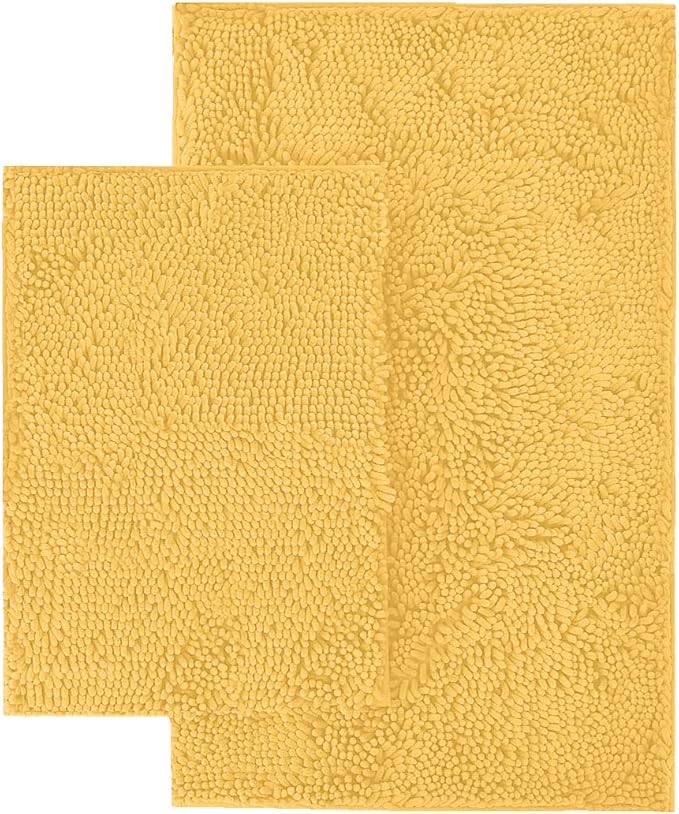 LuxUrux 2 piece Bathroom Rug Set - Premium Plush Bath Mat Shower Rugs, 1" Chenille Microfiber, Non-Slip & Absorbent, Soft & Cozy, Durable Stylish (20x30 & 16x24 inches, Yellow)