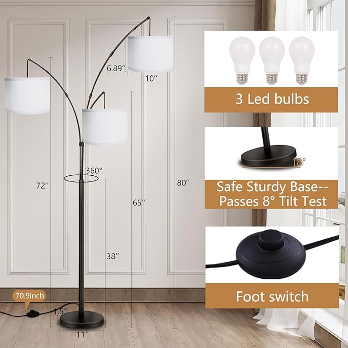 Arc Floor Lamp for Living Room with Remote Control, Dimmable Modern Mid Century 3 Lights Arched Tall Floor Lamp, Adjustable Standing Corner Lamp for Living Room Bedroom Office (Black+White Shade)
