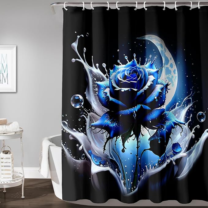 AILONEN 3D Rose Shower Curtain for Bathroom, Evening Moon Blue Rose Bath Curtain for Girls Women, Modern Floral Print Minimalism Shower Curtain Waterproof with 12 Plastic Hooks 72" W*96" H