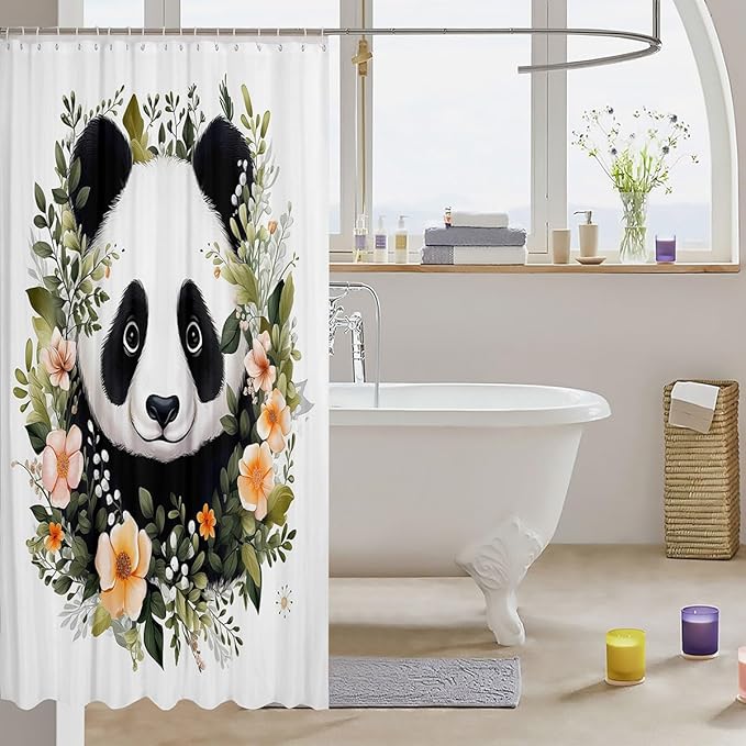 Feelyou Panda Shower Curtain Boys Girls Cute Cartoon Panda Fabric Shower Curtain for Kids Flower Botanical Bathroom Waterproof Accessories with 12 Hooks Animal Curtains,72x72 Inches