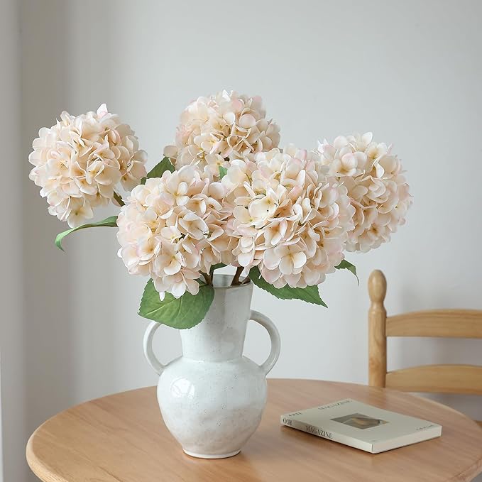 mizii 4Pcs Beige Artificial Hydrangea Flowers Large Fake Silk Hydrangea Flower with Leaves Stems Realistic Faux Hydrangeas Decorations for Wedding Table Centerpieces Vase Home Decor (Beige)