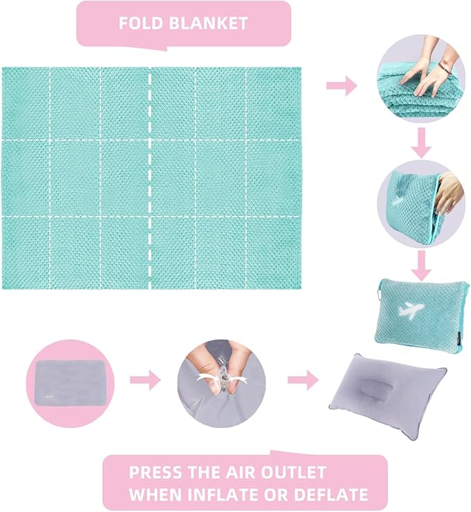 4 in 1 Travel Blanket and Pillow Set with Airplane Footrest - 350 GSM Thick Travel Blanket Airplane Compact with Bag, Inflatable Pillow, Foot Hammock for Plane Travel (Green)