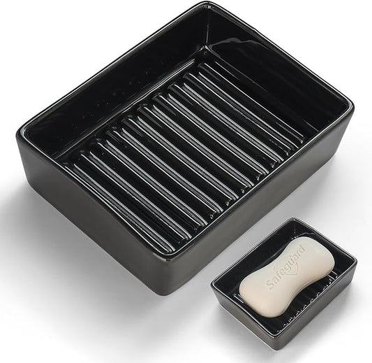 Soap Dish for Shower, Rectangle Ceramic Soap Dishes, Classic Modern Style soap Dish adds Beauty and enhances The Premium Look of The Bathroom， Non-Slip Ceramic Soap Holder(Black)