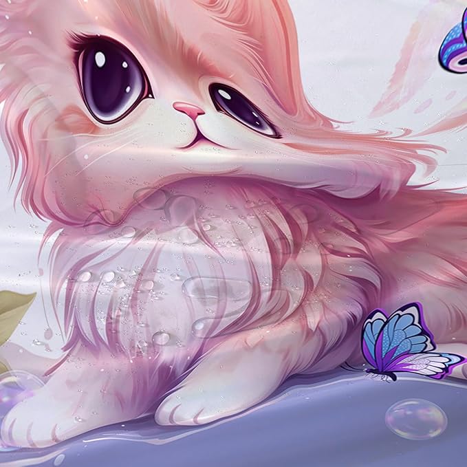 AILONEN Cute Cat Shower Curtain for Kids Boys,Kawaii Kitten and Butterfly Fabric Shower Curtains for Bathroom,Big Eye Pink Cat Polyester Cloth Bath Curtain Set, 48" W*72" H Pink