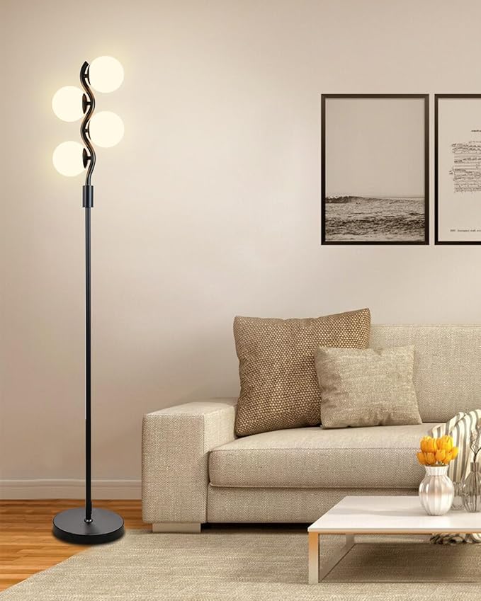 60IN Dimmable (Brightness Adjustable) Black Floor Lamp, Modern Standing Lamps with 4 Globe Soft Warm White 3000K Bulbs, Mid Century Floor Lamp for Living Room Bedroom Home Decor