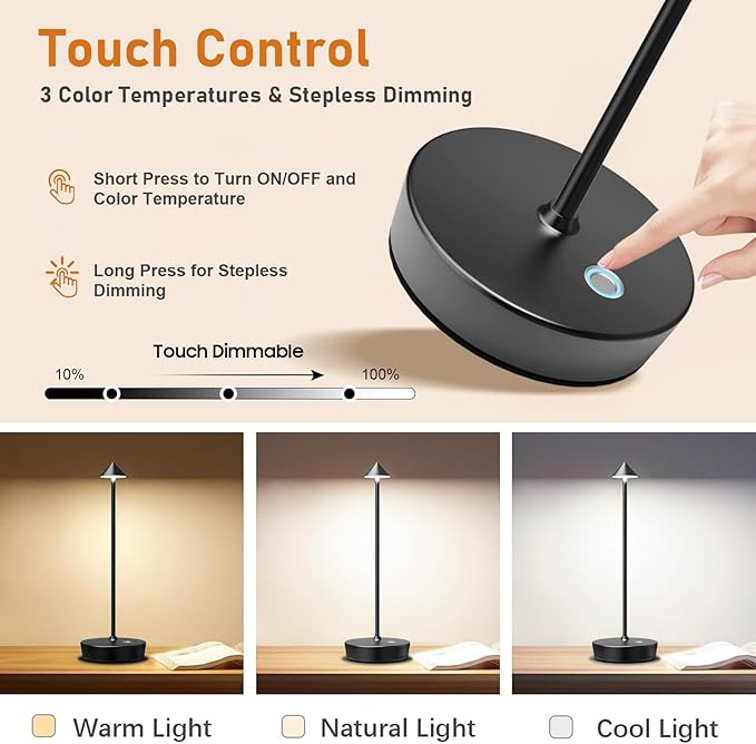 Set of 2 Rechargeable Cordless Table Lamp,6000mAh LED Battery Operated Desk Lamp Touch 3 Color Dimming Portable Outdoor Waterproof Table Light for Patio/Restaurant/Dining/Home (Black)