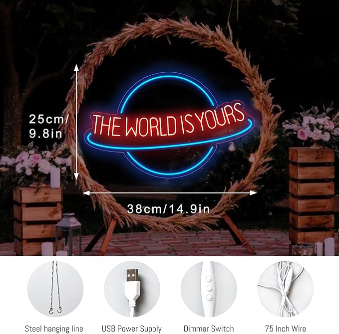 The World is Yours Neon Sign Planet LED Neon Light for Wall Decor Dimmable Blue Light Up Signs for Man Cave Beer Bar Wedding Game Room Bedroom Birthday Party Decor Gift