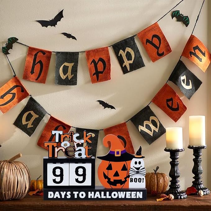 DECSPAS Halloween Decorations Indoor, Large Size Wood Block Set with Pumpkin Cat Halloween Countdown Decor, Trick or Treat Table Centerpiece for The Home, Mantle, Party Decorations