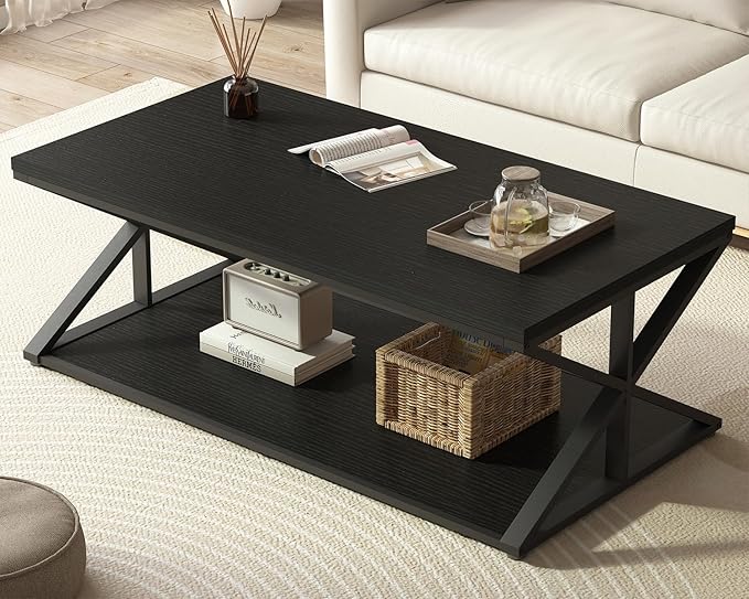 Modern Coffee Table with Storage, Farmhouse Living Room Table, Minimalist Rectangle Center Table, Industrial Vintage Wood Tea Table, 47 Inch, Black Oak