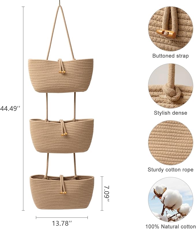TeoKJ 3-Tier Cotton Rope Baskets with Button Strap Over the Door Wall Hanging Baskets for Nursery, Living Room, Bathroom, Door Storage Organizer for Decoration-Jute