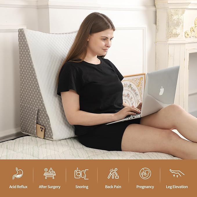 Wedge Pillow for Sleeping, 12 Inch Cooling Triangle Bed Pillow with Removable Cover, Elevated Body Pillow for Back Support, After Surgery, Snoring, Neck, Leg and Acid Reflux