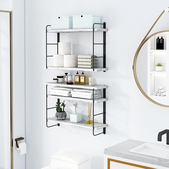 Wall Mounted Floating Shelves, Wall Shelves, Rustic Wall Decor Wood Shelves for Bedroom, Living Room, Bathroom and Kitchen Storage, Easy Installation (5, Washed White)