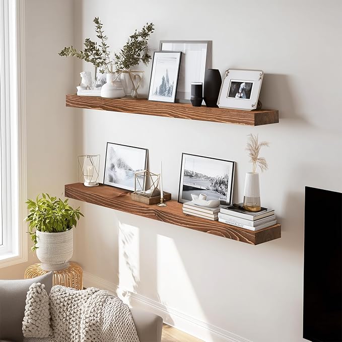 36x8x1.6 inch Floating Shelves Set of 2 – Solid Wood Rustic Brown Wall Mounted Shelf for Kitchen, Bathroom, Living Room