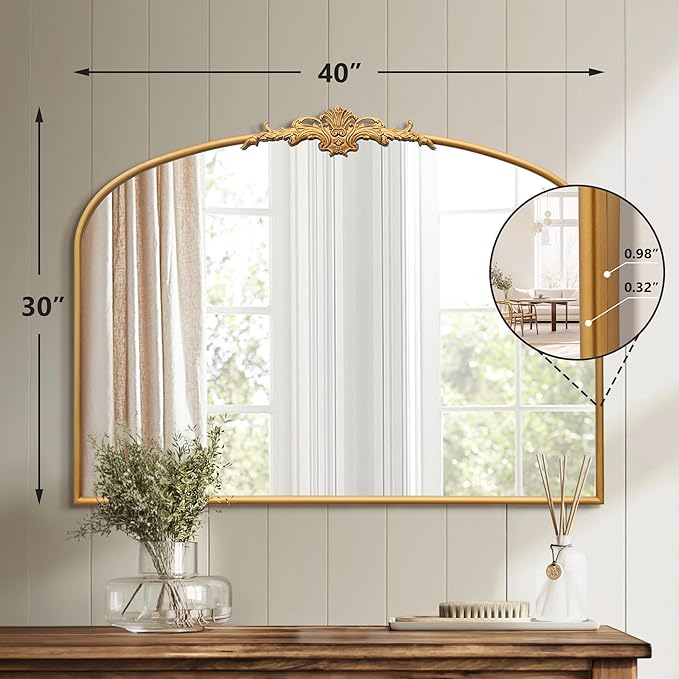 Vintage Baroque Arched Mirror: 40"x30" Gold Antique Wall Mounted Mirror - Traditional Ornate Metal Frame - Home Decor for Entryway/Fireplace/Living Room/Hallway/Bathroom
