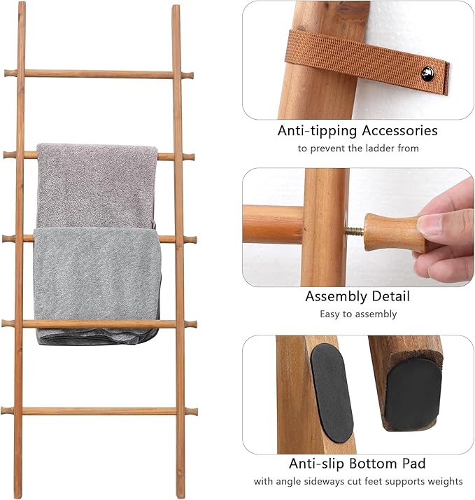 FUIN 57in Wood Blanket Ladder Living Room Decorative Wall Leaning Farmhouse Quilt Display Holder Rustic Wooden Towel Rack for Bathroom, Light Brown
